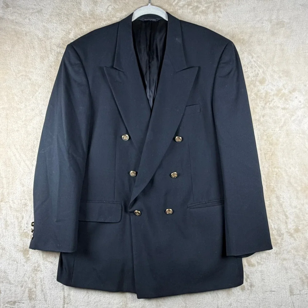 Vintage BURBERRYS Mens 44-46L Wool BLAZER Double Breasted NAVY BLUE Gold Buttons